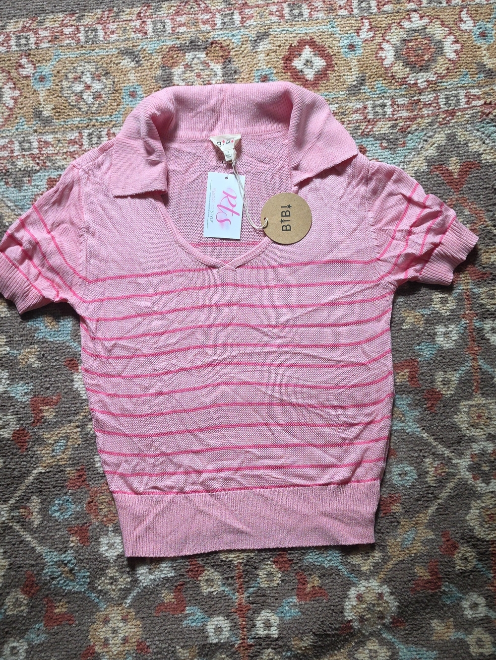 Womens Pink Short-Sleeve Collared Stripe Top Knit Size Small